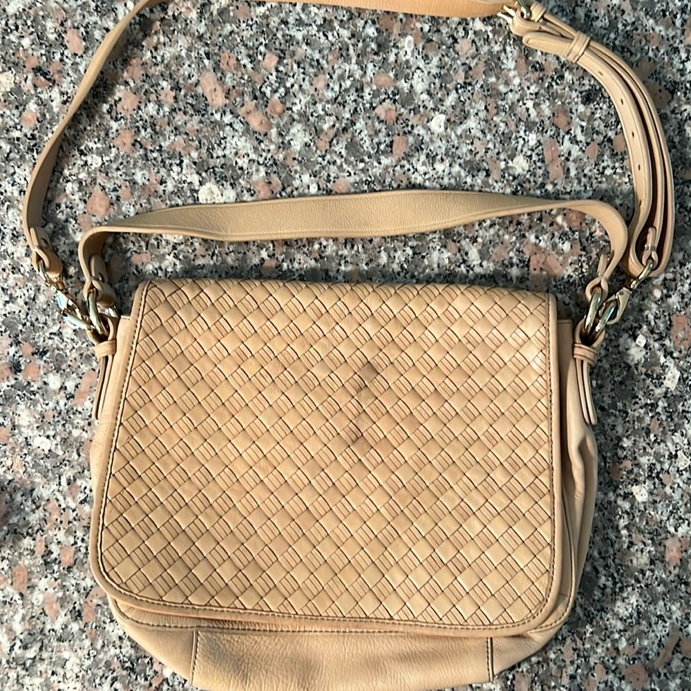 Cole Haan Camel Double Strap Woven Leather Shoulder Bag